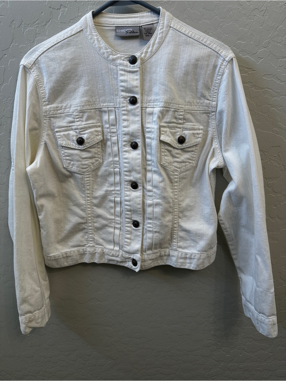 Chico's Platinum Denim Jacket- Size 1 (M)- White- Collarless